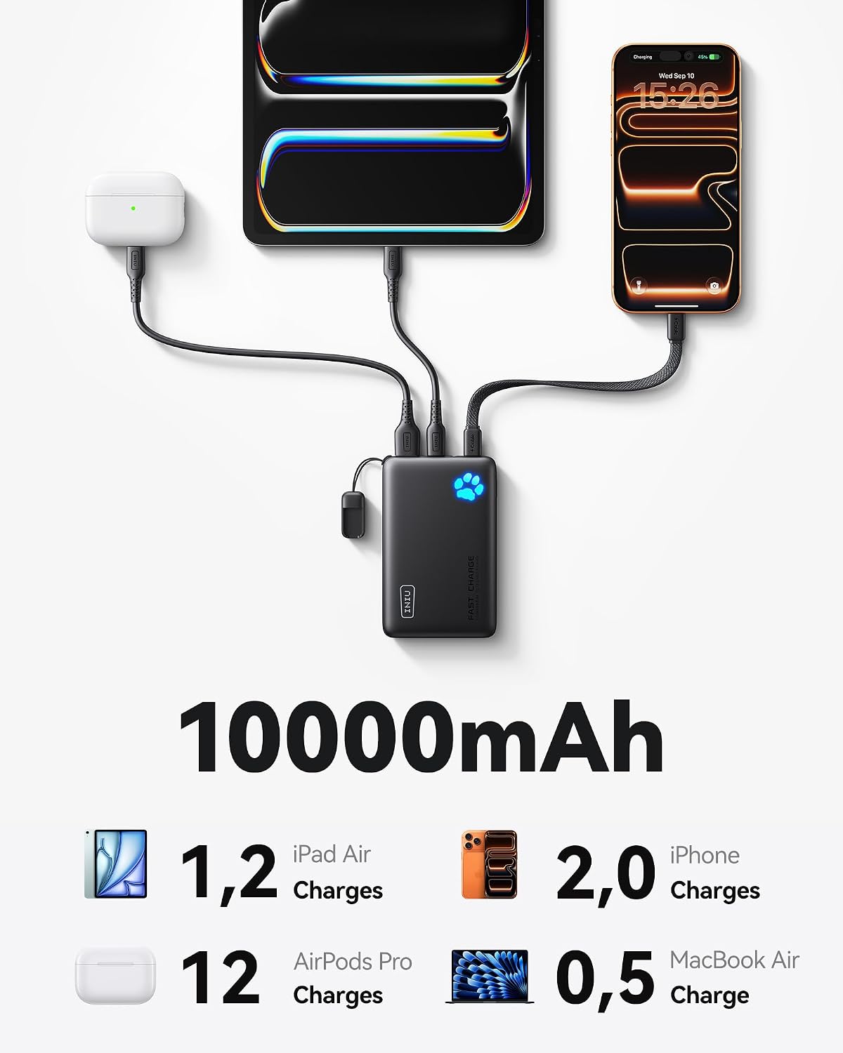 INIU 10000mAh 45W Fast Charging Portable Charger, Smaller Travel Power Bank - Image 5
