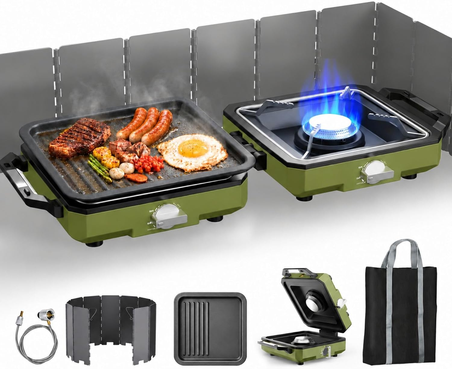 2 Burner Camping Stove with Windshield, 20000 BTU Propane Camp Stove, Portable Folding Gas Stove, Camping Essentials Gear Includes Frying Pan, Coffee Stand & Carry Bag, Green