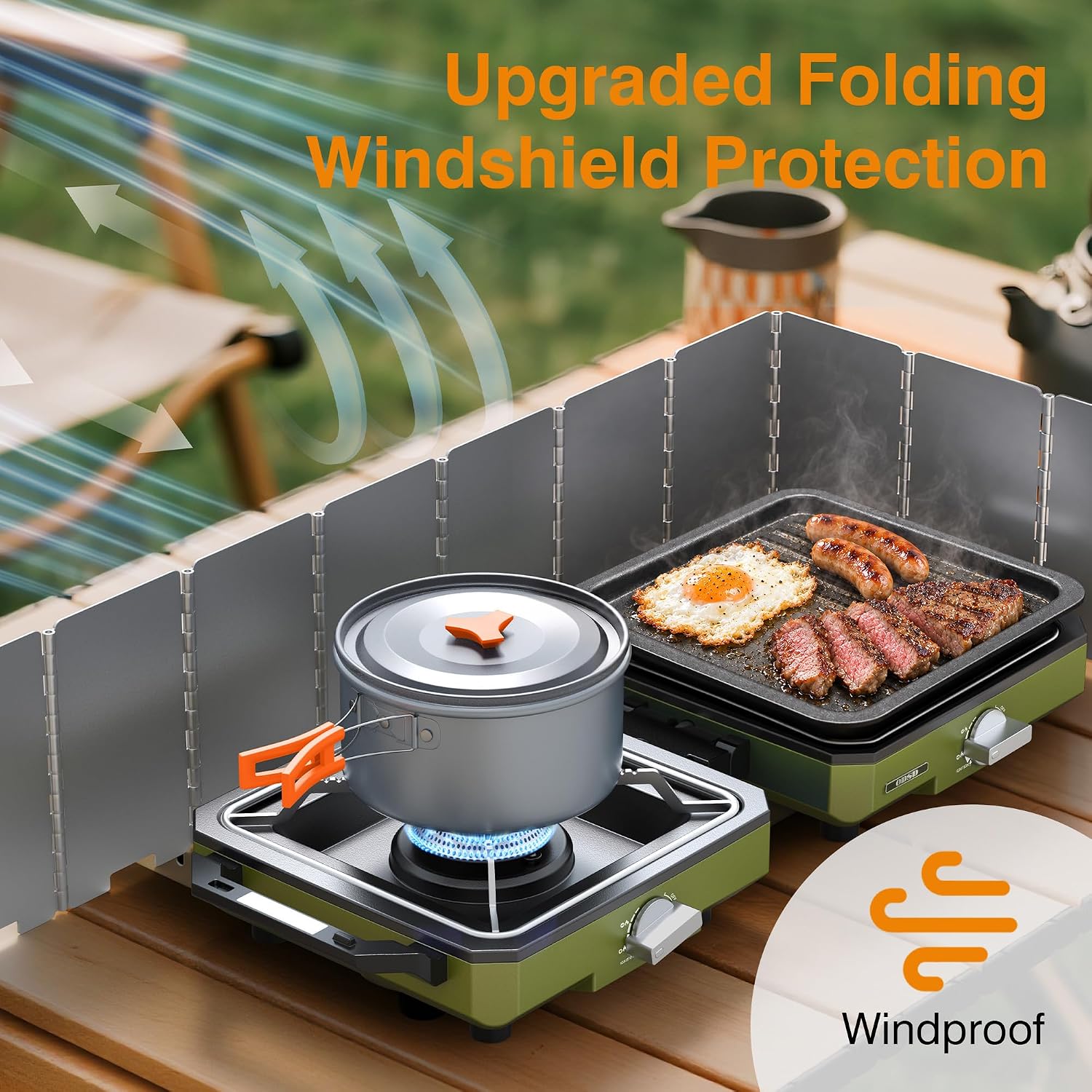 2 Burner Camping Stove with Windshield, 20000 BTU Propane Camp Stove, Portable Folding Gas Stove, Camping Essentials Gear Includes Frying Pan, Coffee Stand & Carry Bag, Green - Image 2