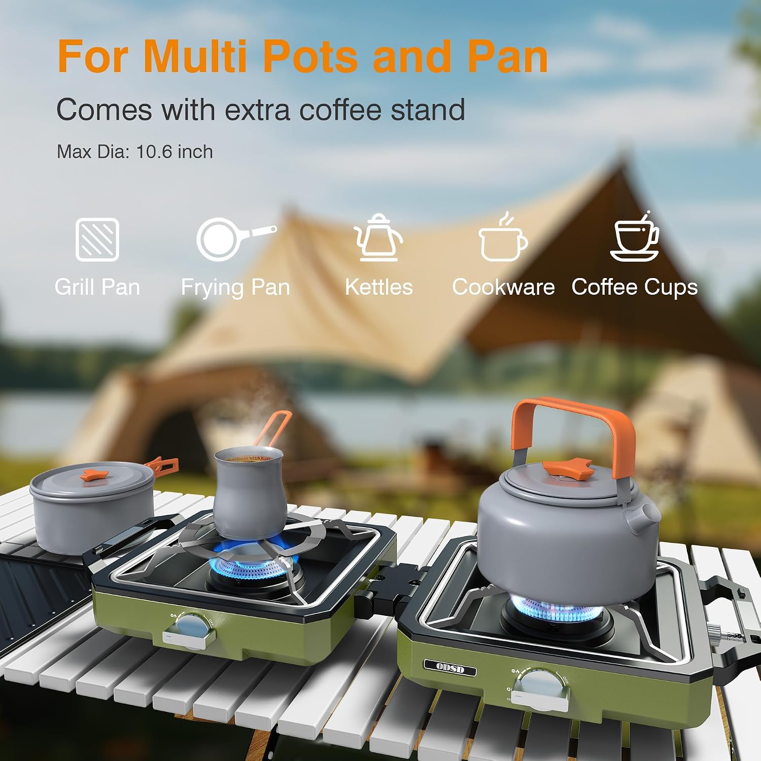 2 Burner Camping Stove with Windshield, 20000 BTU Propane Camp Stove, Portable Folding Gas Stove, Camping Essentials Gear Includes Frying Pan, Coffee Stand & Carry Bag, Green - Image 4