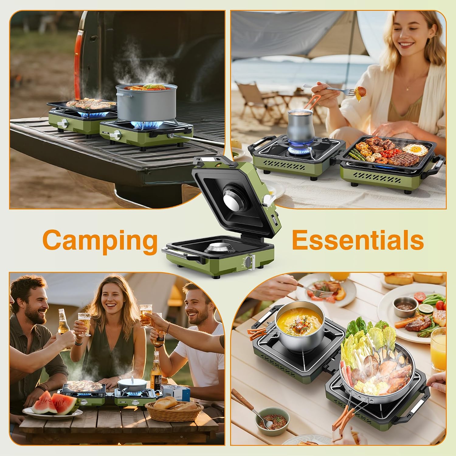 2 Burner Camping Stove with Windshield, 20000 BTU Propane Camp Stove, Portable Folding Gas Stove, Camping Essentials Gear Includes Frying Pan, Coffee Stand & Carry Bag, Green - Image 9