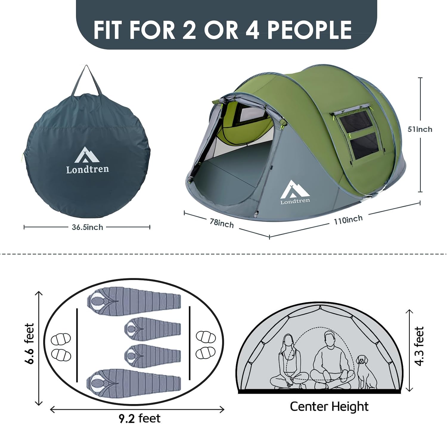 4 Person Easy Pop Up Tent Waterproof Automatic Setup 2 Doors-Instant Family Tents for Camping Hiking & Traveling - Image 2